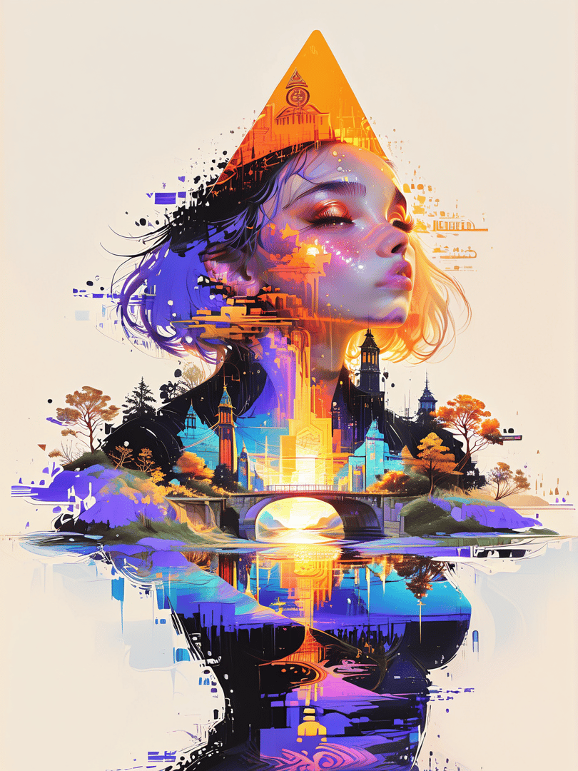 AI generated wallpaper featuring woman, cityscape, bridge, trees, water