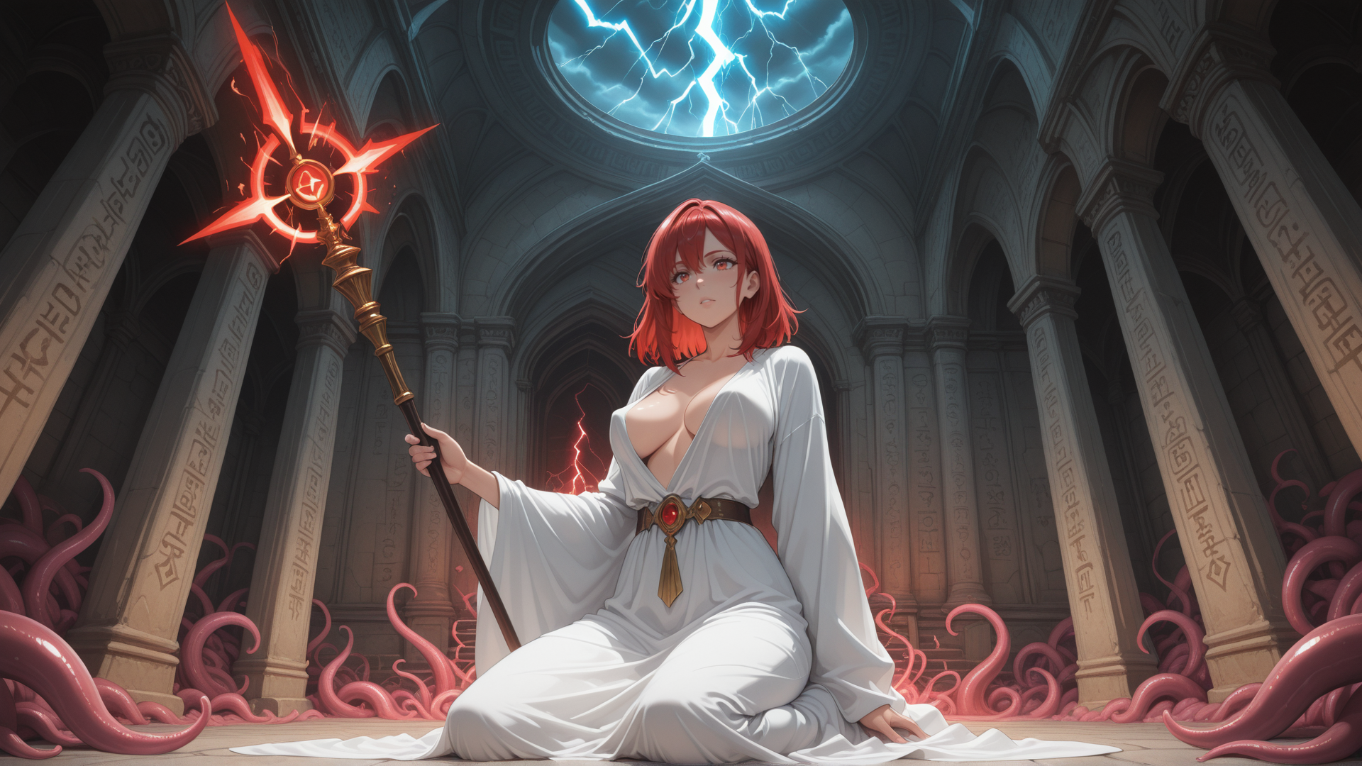 AI generated wallpaper featuring woman, scepter, tentacles, cathedral, lightning