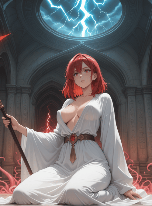 woman, scepter, tentacles, cathedral, lightning
