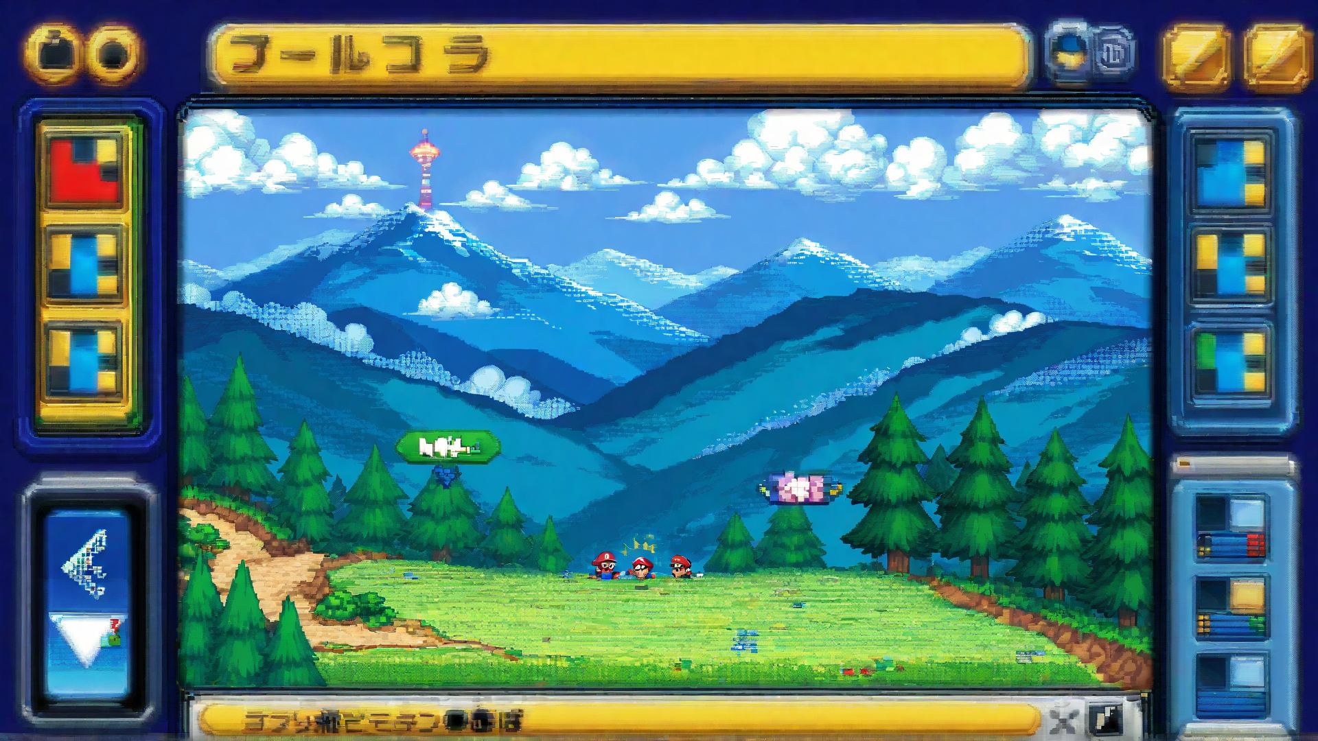 AI generated wallpaper featuring mario, mountains, forest