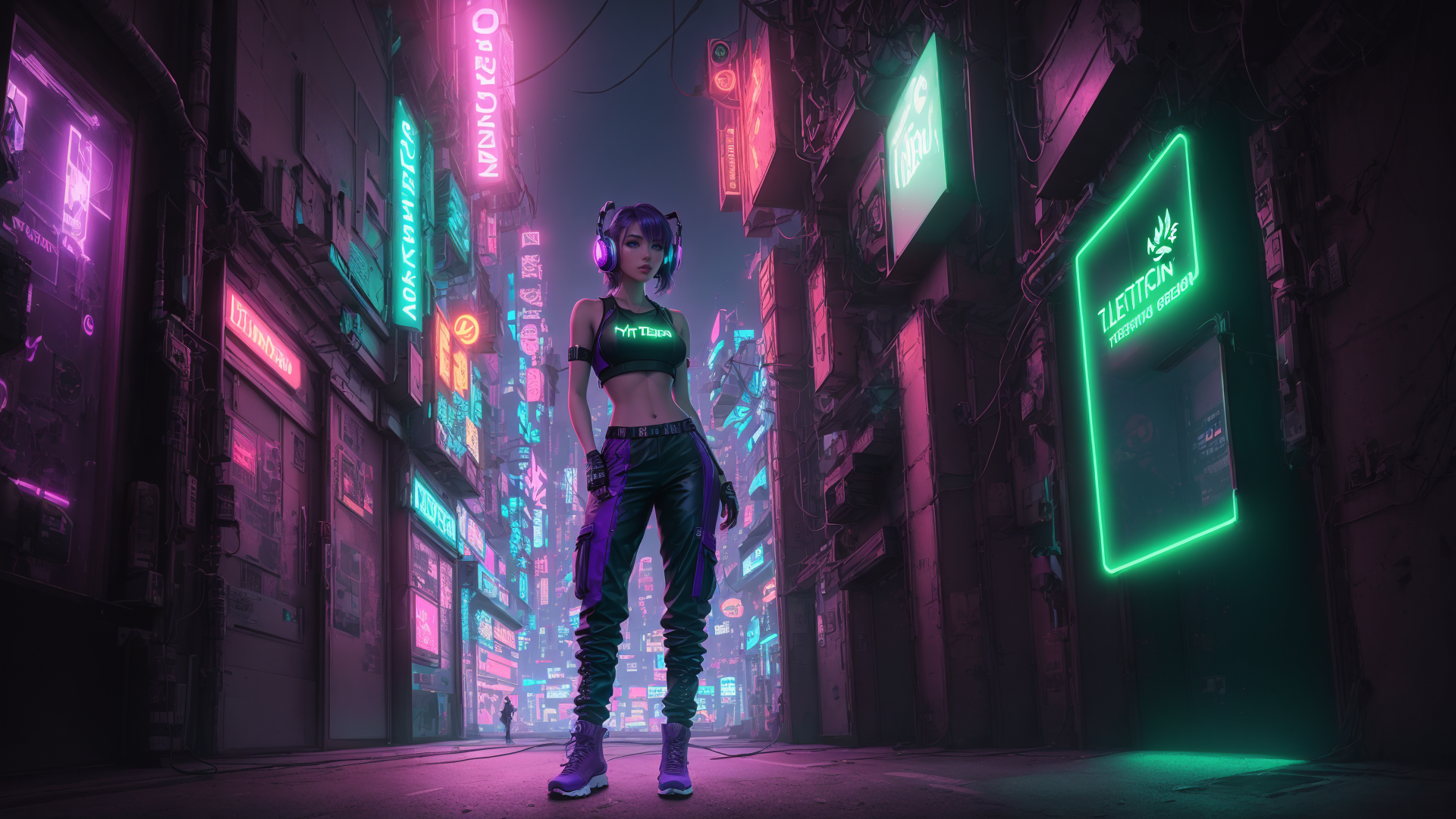 AI generated wallpaper featuring cyborg, neon, urban