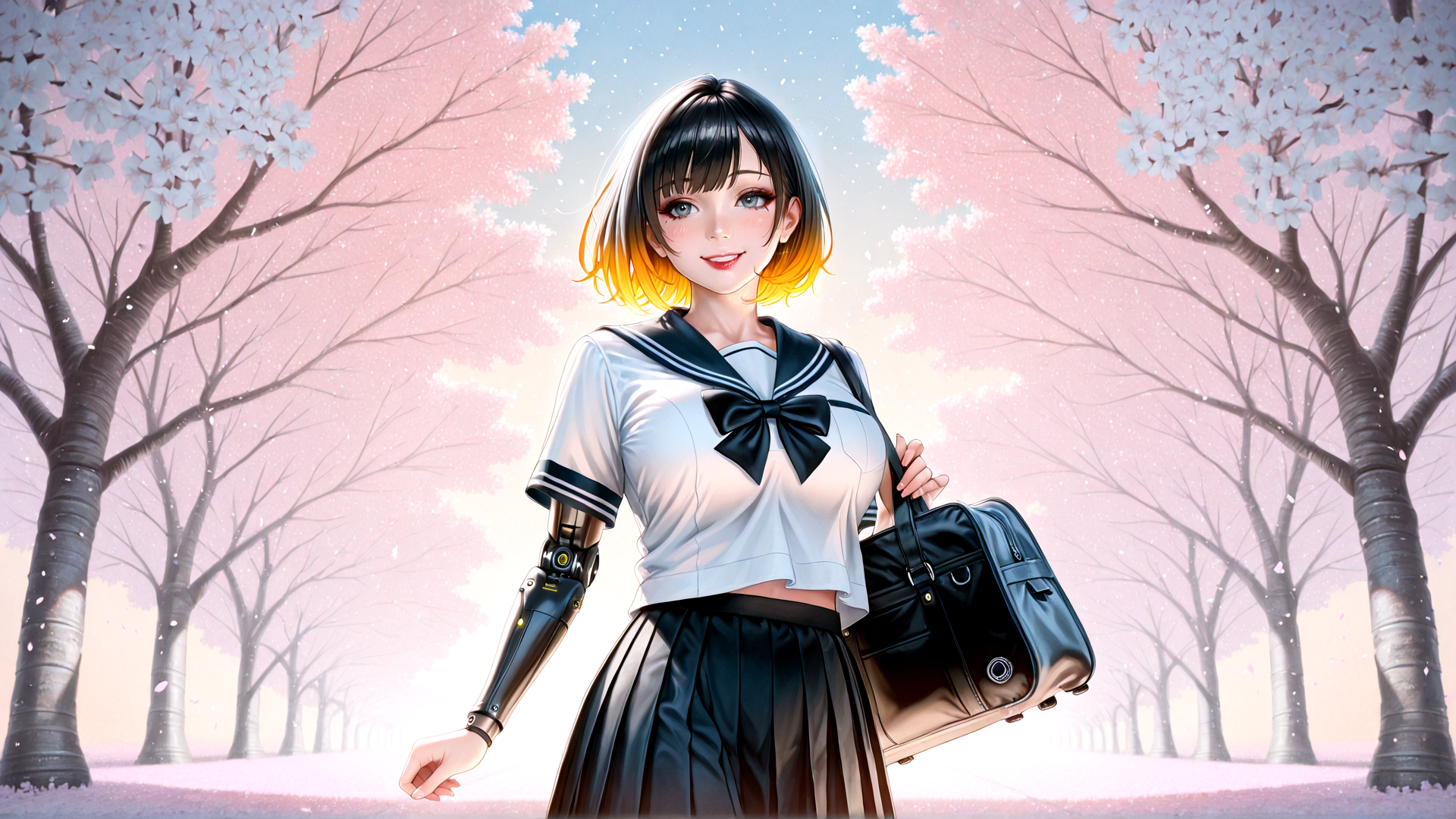 AI generated wallpaper featuring girl, student, robot, cherry blossom, tree, bag, sailor uniform