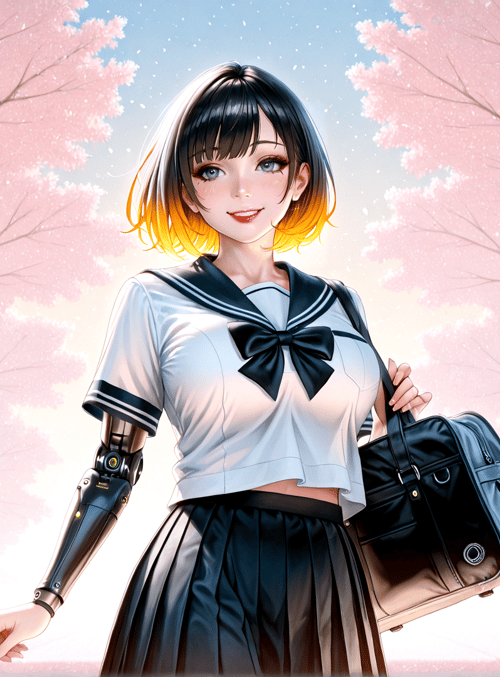 girl, student, robot, cherry blossom, tree, bag, sailor uniform