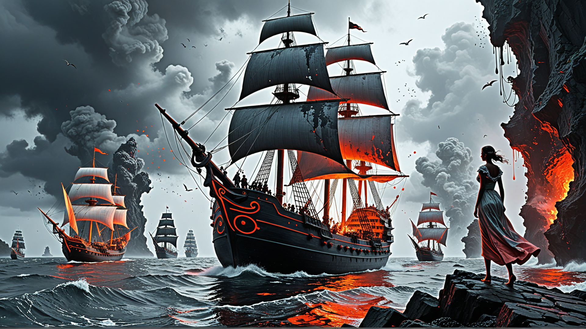 AI generated wallpaper featuring ship, sail, woman, ocean, cave, cloud, fire, bird, rock, smoke