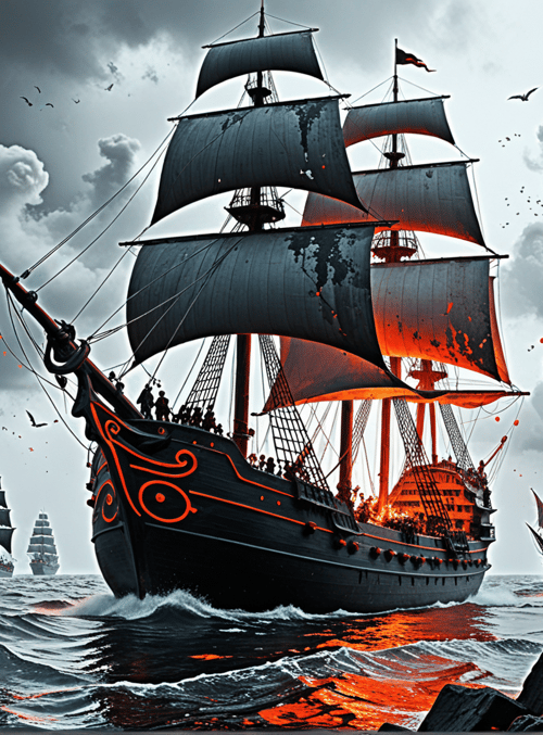 ship, sail, woman, ocean, cave, cloud, fire, bird, rock, smoke