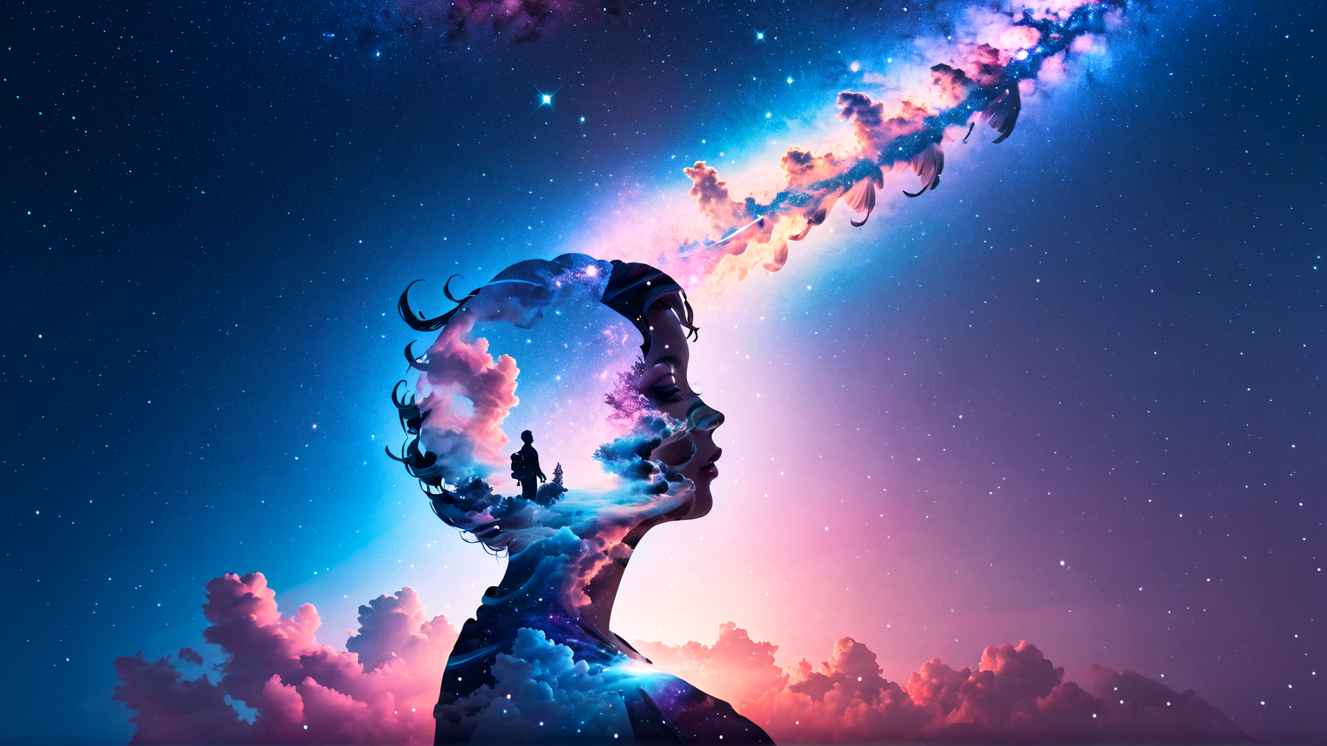 AI generated wallpaper featuring woman, cosmos, clouds, galaxy, silhouette, stars, person