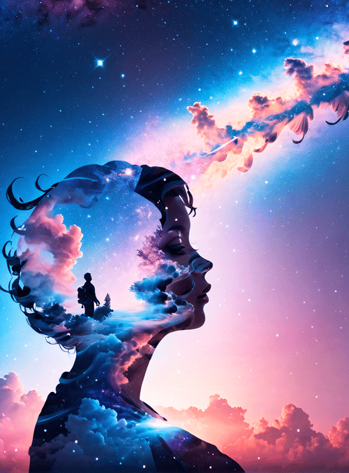 woman, cosmos, clouds, galaxy, silhouette, stars, person