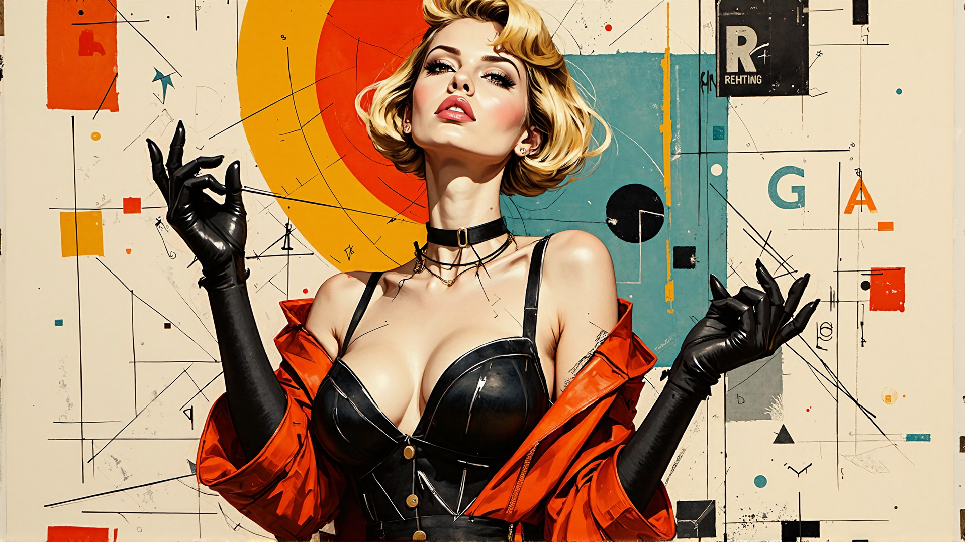 AI generated wallpaper featuring woman, gloves, choker, jacket, bra