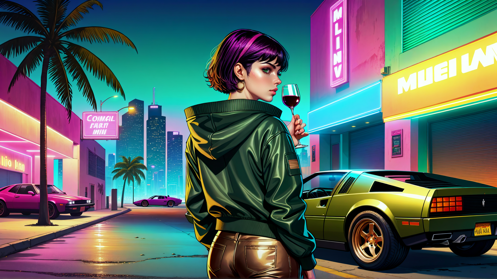 AI generated wallpaper featuring woman, wine, car, street, neon