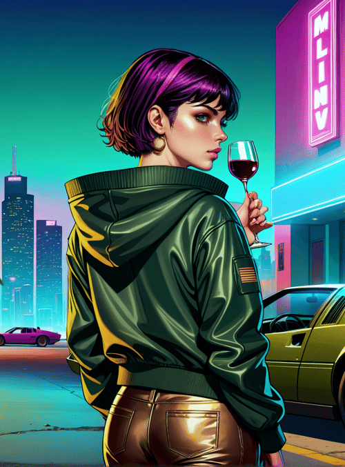 woman, wine, car, street, neon