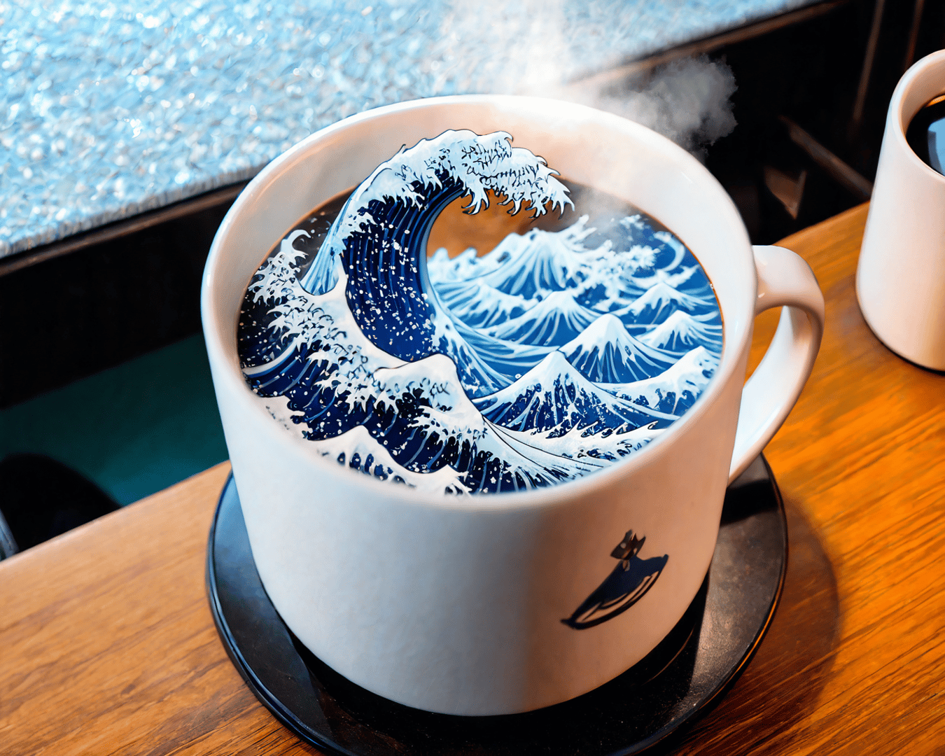 AI generated wallpaper featuring cup, wave, mountain
