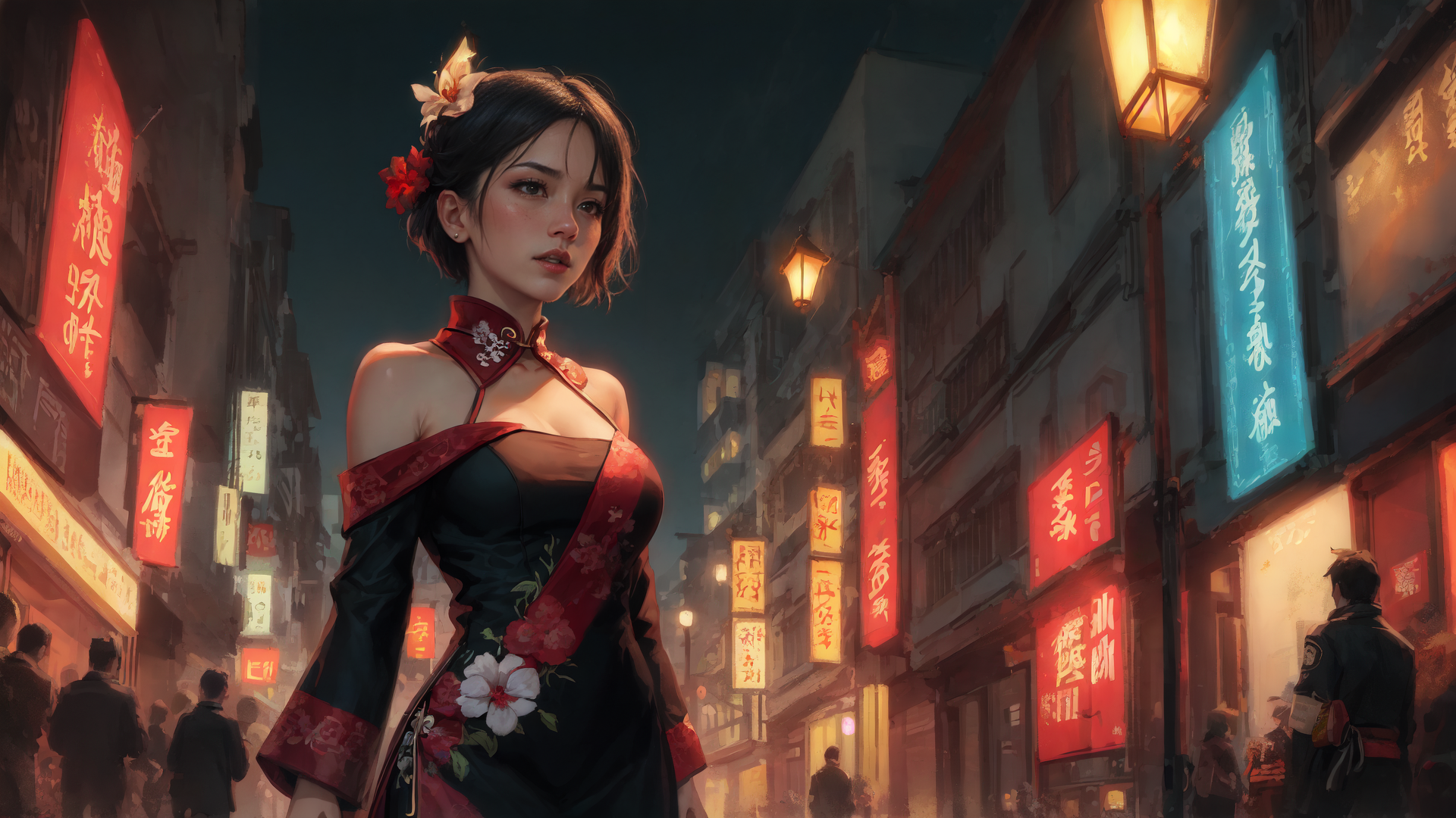 AI generated wallpaper featuring woman, street, signs