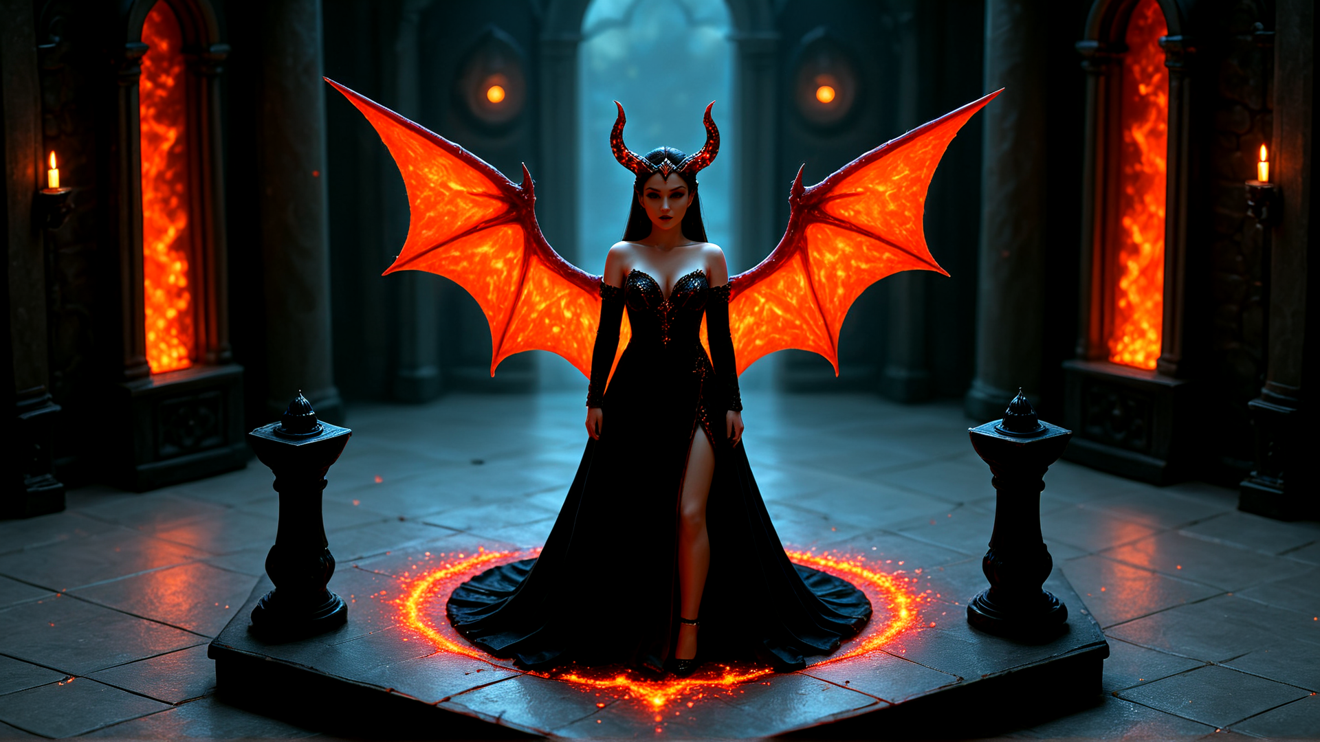 AI generated wallpaper featuring demon, woman, wings, dress, candles, cathedral