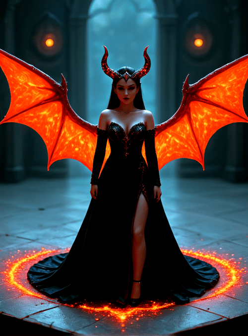 demon, woman, wings, dress, candles, cathedral