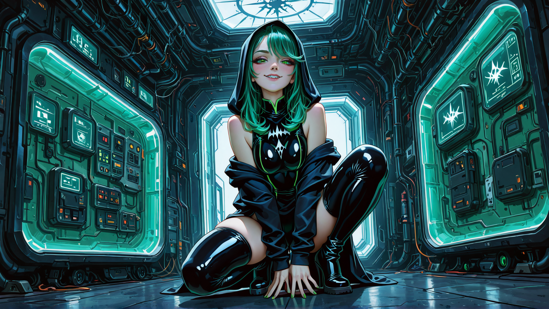 AI generated wallpaper featuring cyberpunk, girl, hologram, sneakers, hood