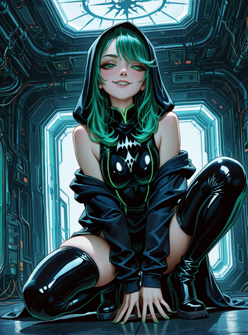 cyberpunk, girl, hologram, sneakers, hood