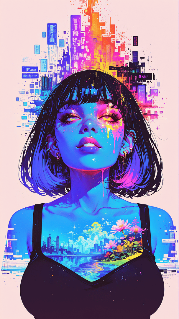 AI generated wallpaper featuring woman, cityscape, flowers, paint, city