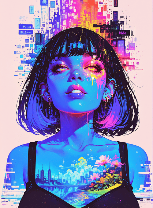 woman, cityscape, flowers, paint, city