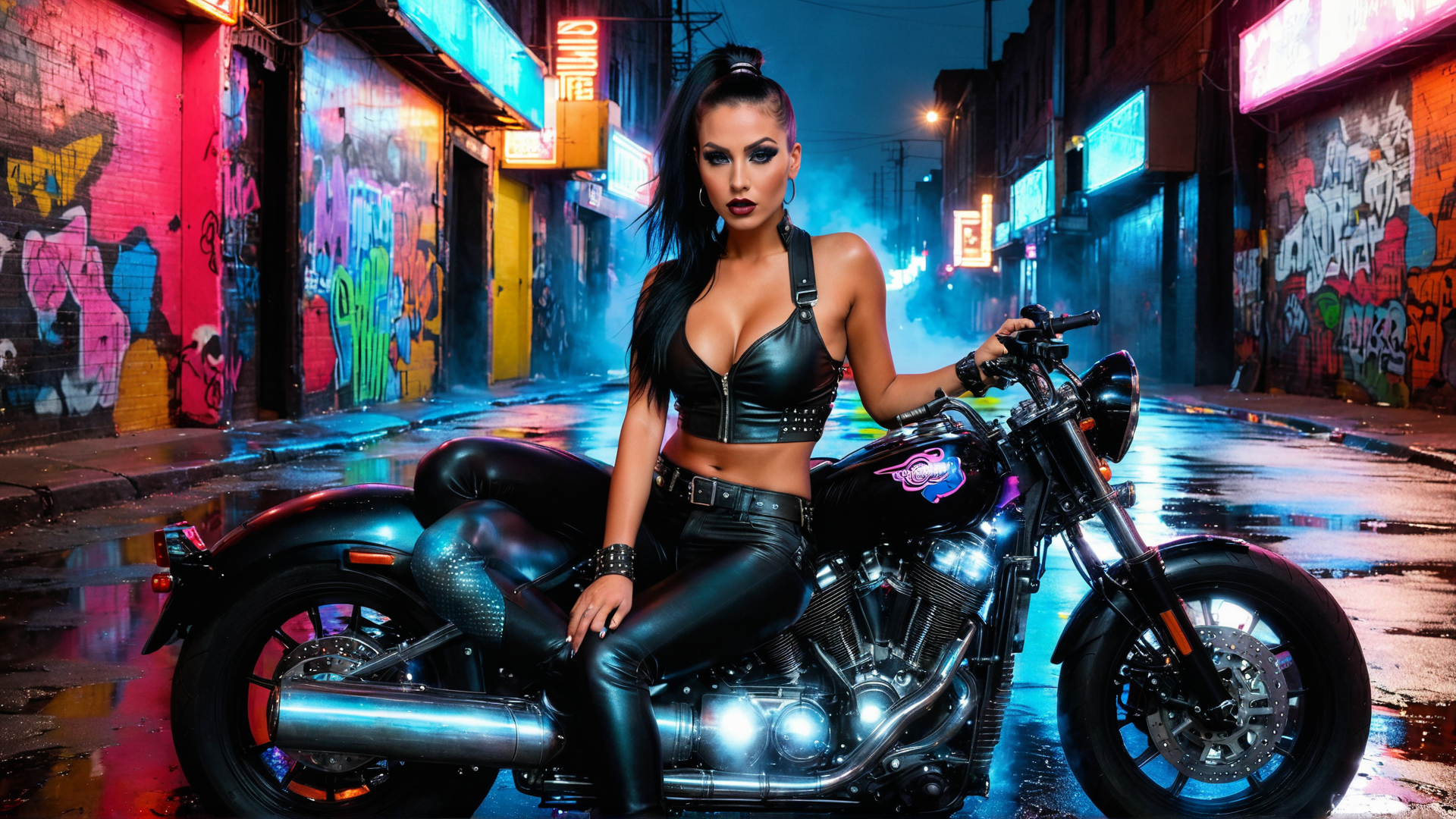 AI generated wallpaper featuring woman, motorcycle