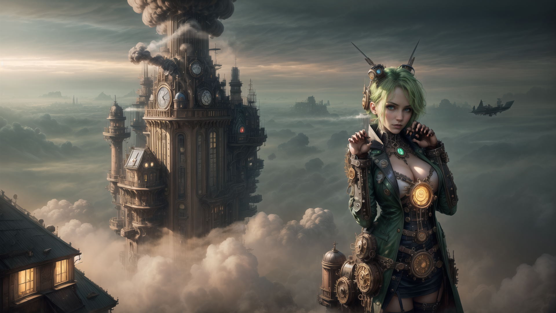 AI generated wallpaper featuring cyborg, steampunk, clock tower, airship, futuristic city