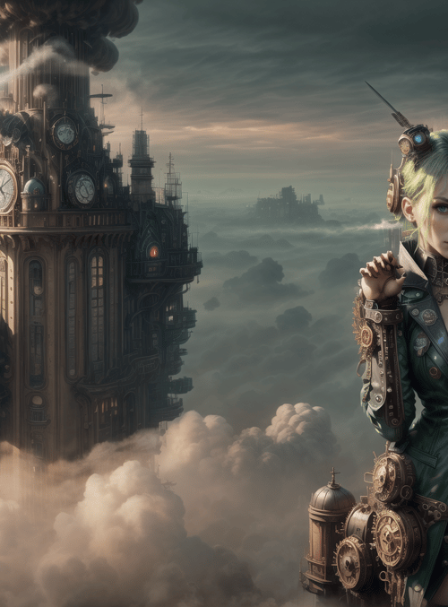 cyborg, steampunk, clock tower, airship, futuristic city