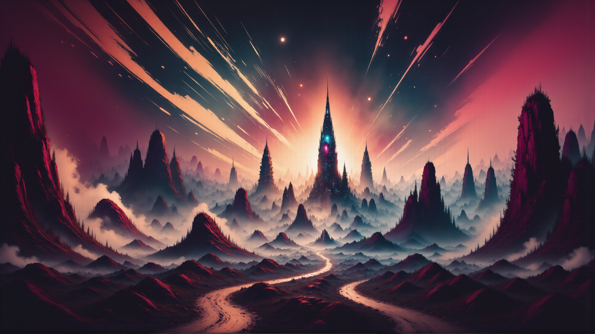 AI generated wallpaper featuring castle, mountain, road, sky, star, forest, tower, cloud, peak, city