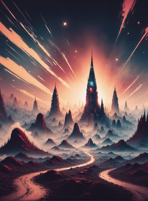 castle, mountain, road, sky, star, forest, tower, cloud, peak, city