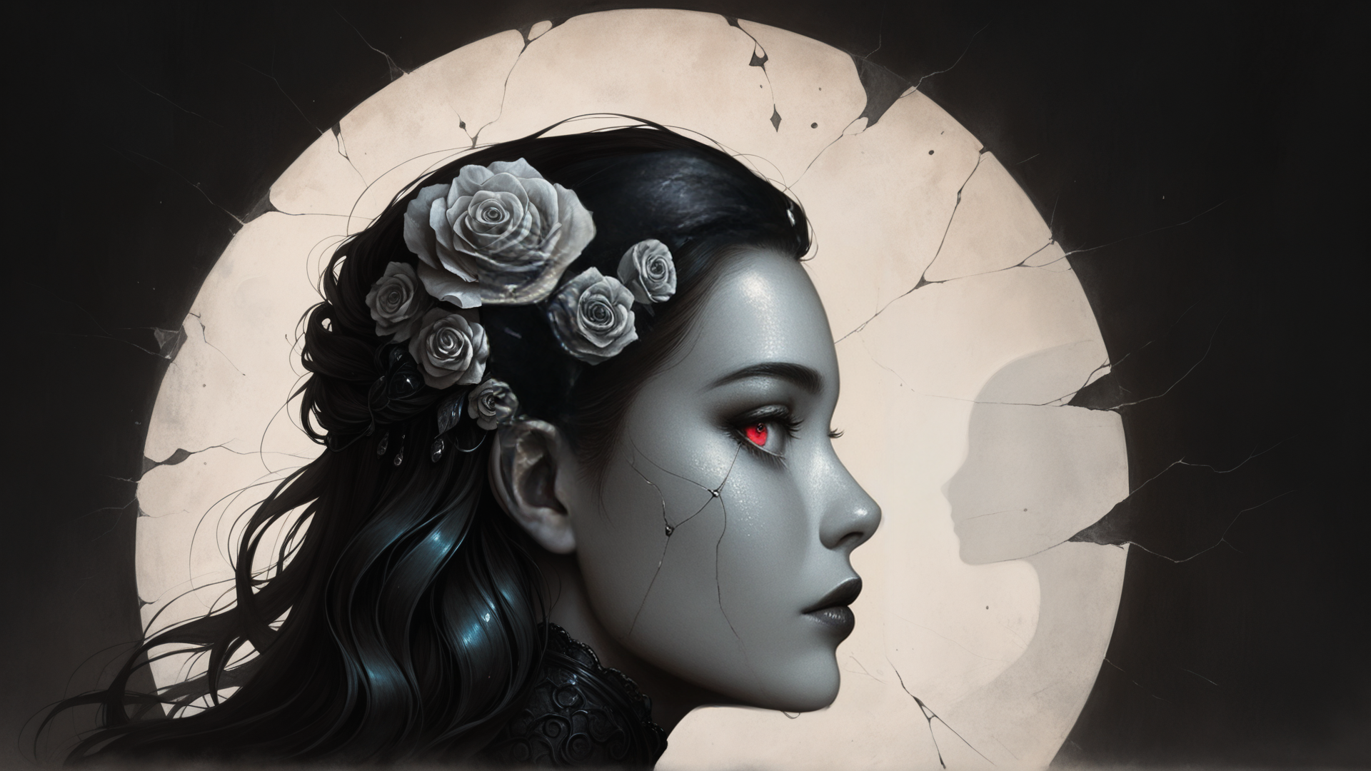 AI generated wallpaper featuring woman, roses, moon