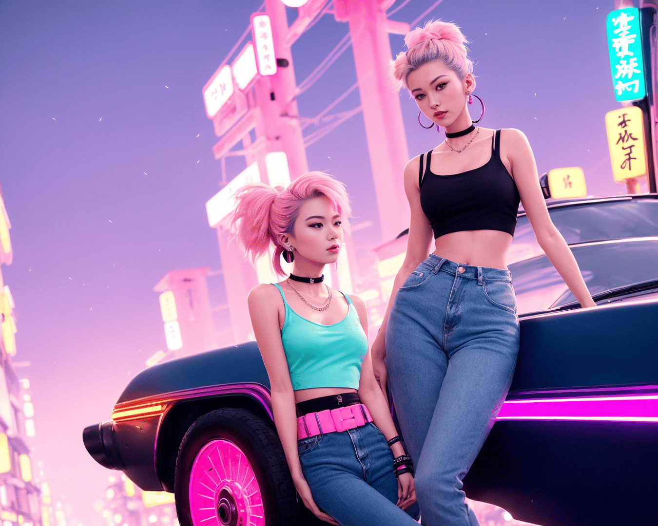 AI generated wallpaper featuring women, car, city