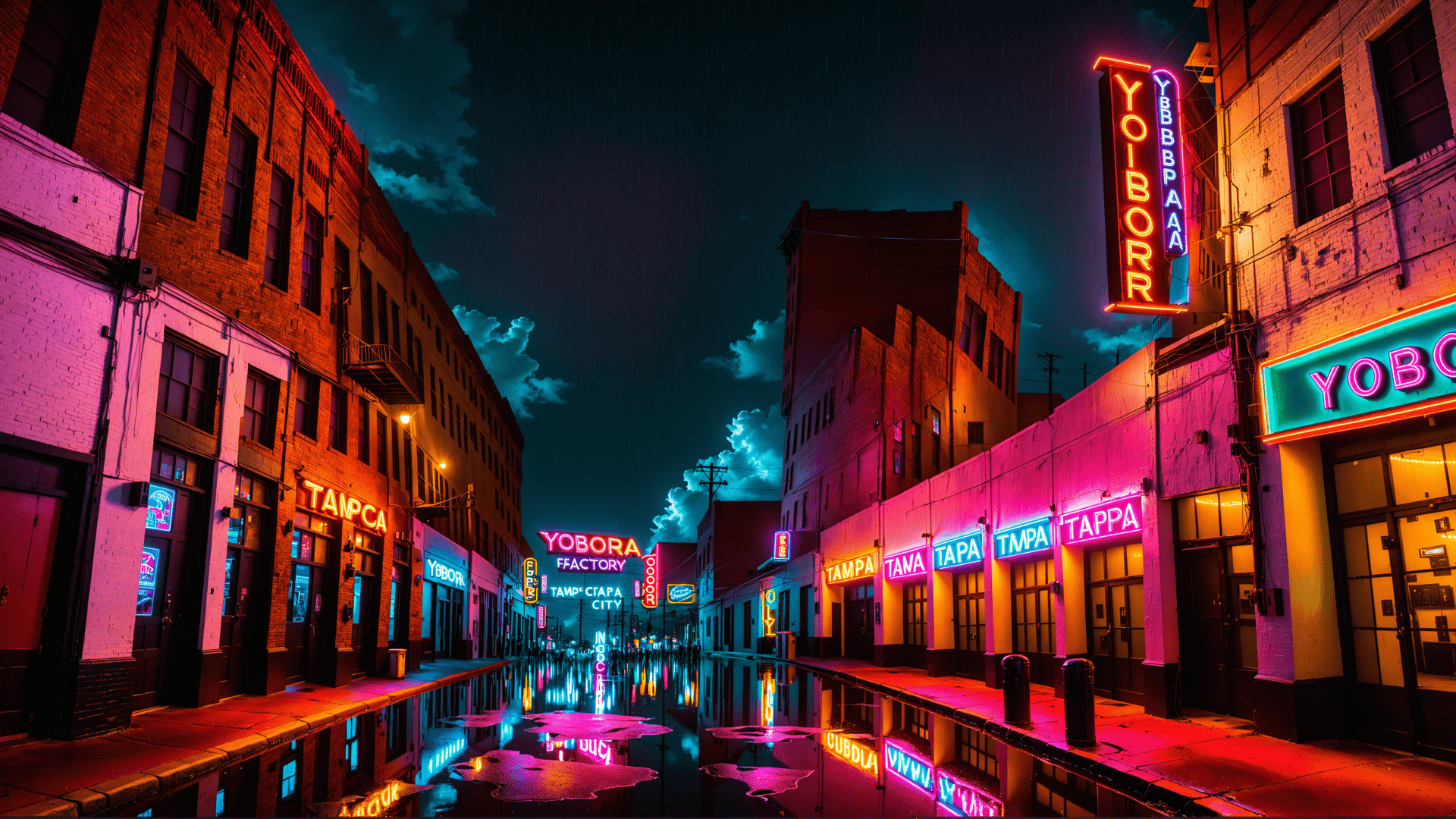 AI generated wallpaper featuring street, neon, sign, building, city, reflection, rain, night, light, urban