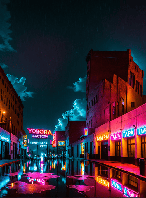 street, neon, sign, building, city, reflection, rain, night, light, urban