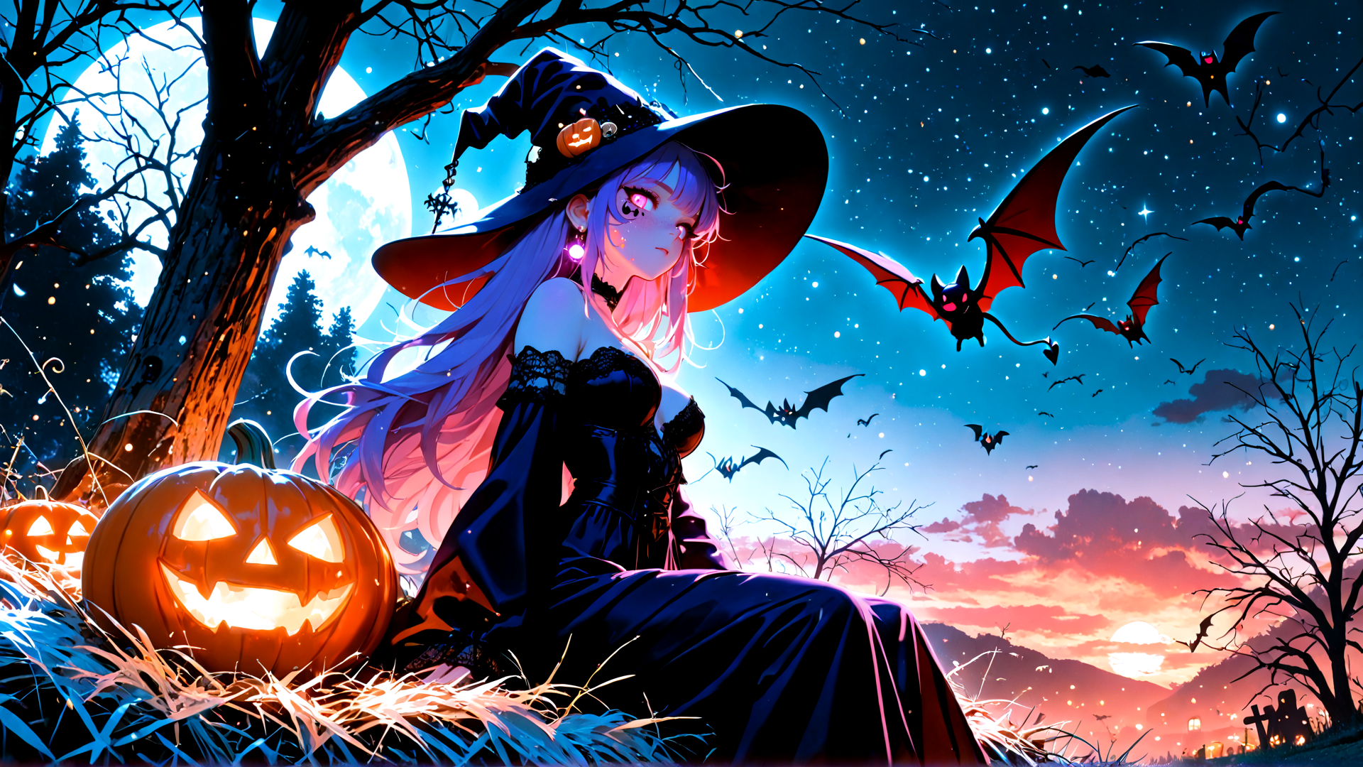 AI generated wallpaper featuring witch, pumpkin, bat, tree, moon