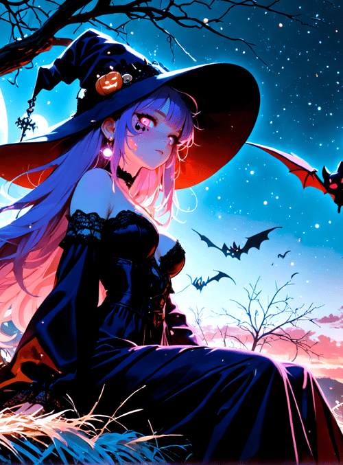 witch, pumpkin, bat, tree, moon
