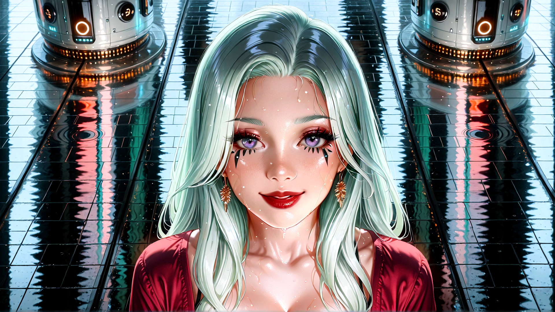 AI generated wallpaper featuring woman, robot, robotic, tiled floor, hair