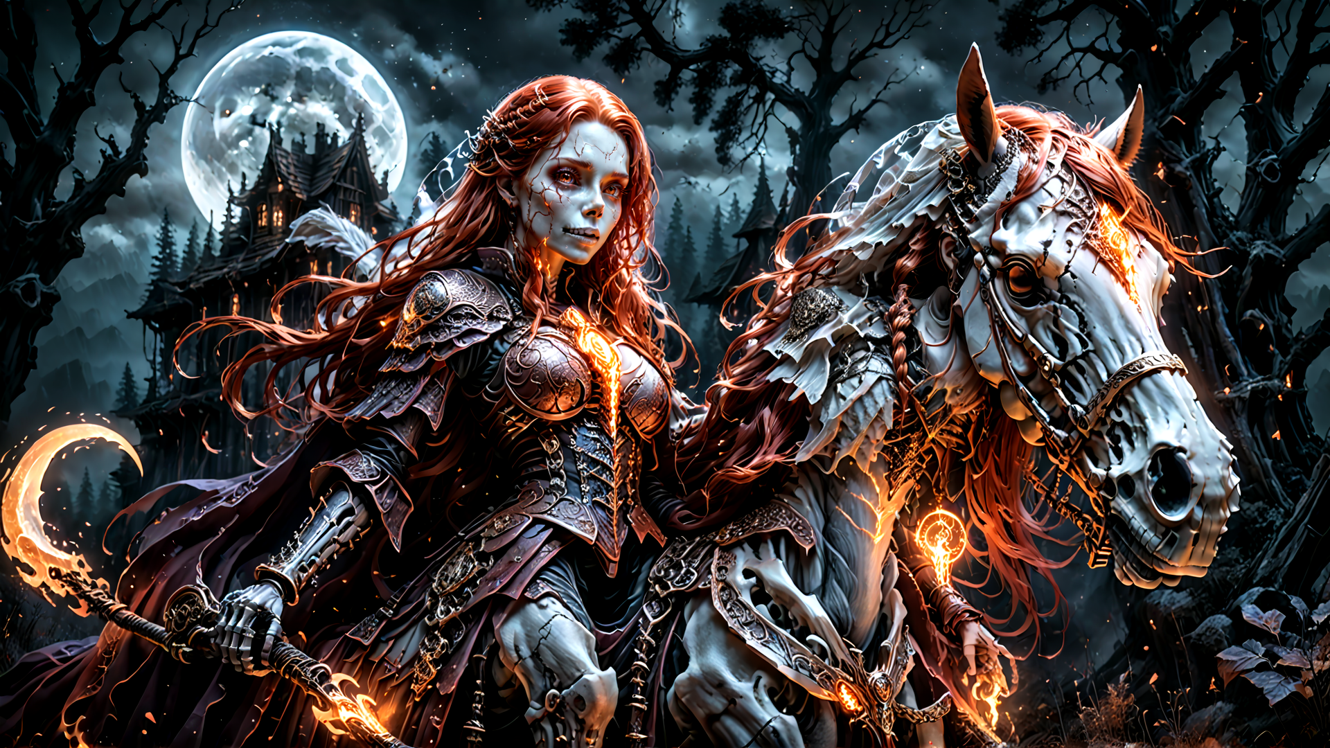 AI generated wallpaper featuring woman, horse, skeleton, armor, crescent