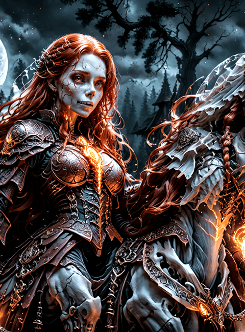 woman, horse, skeleton, armor, crescent