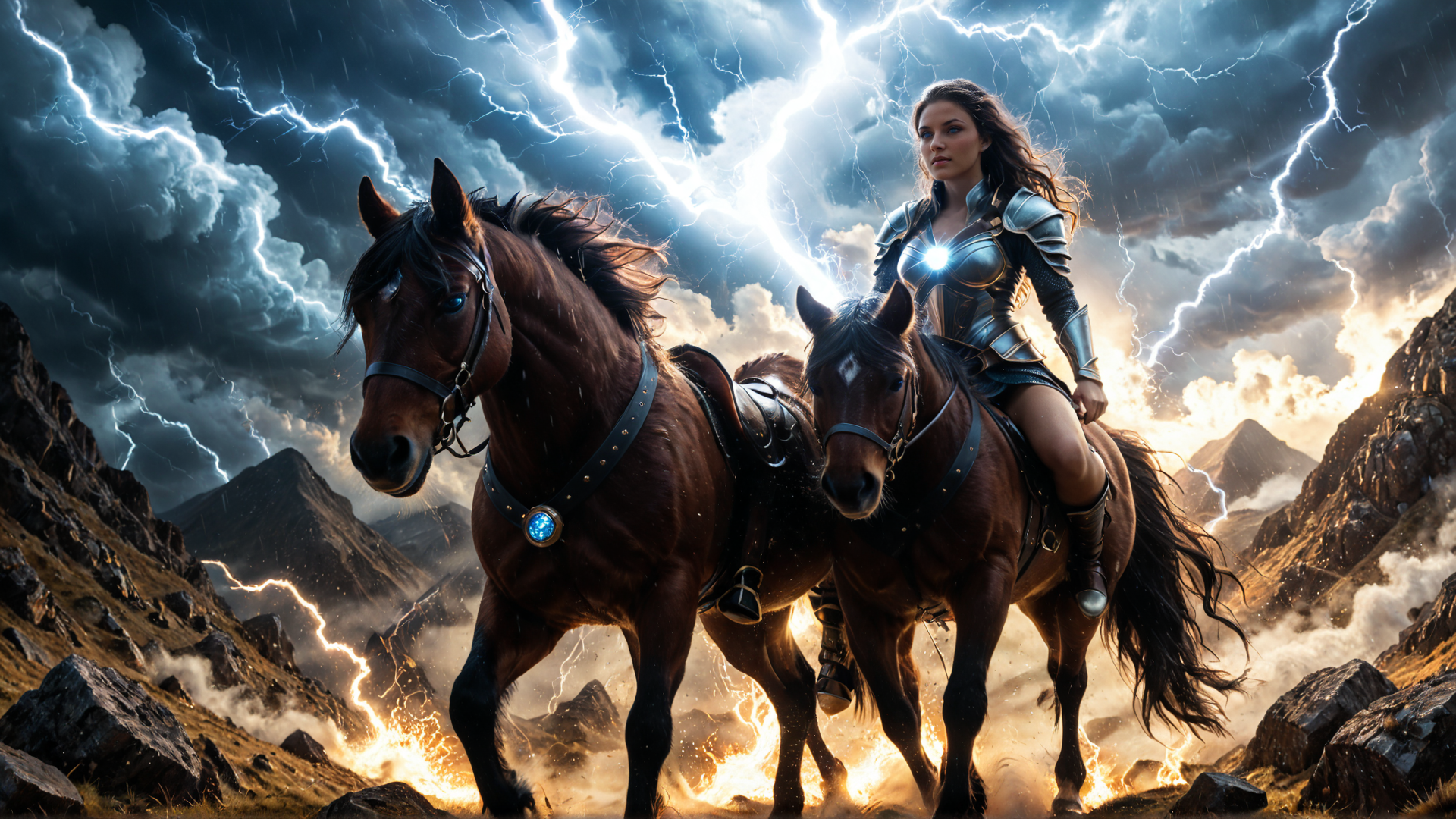 AI generated wallpaper featuring woman, horses, armor