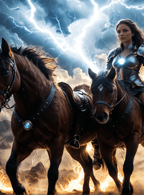 woman, horses, armor