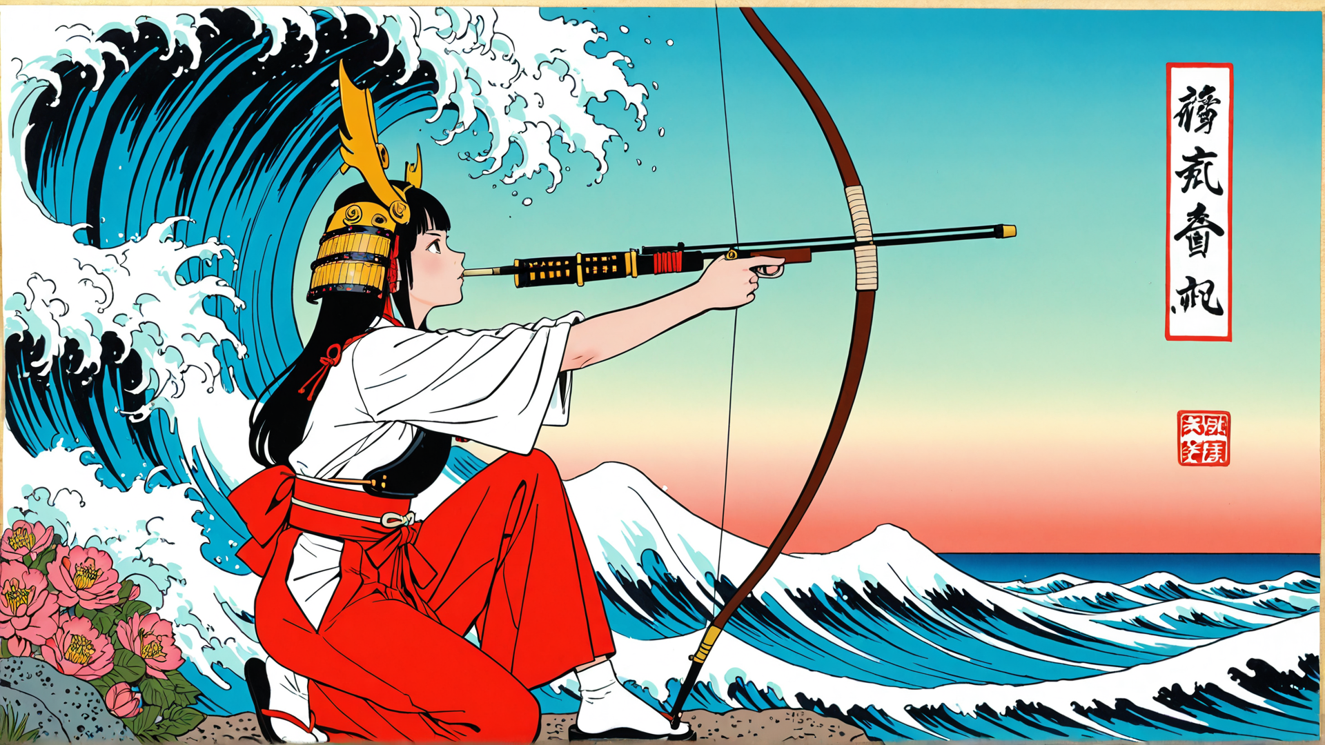AI generated wallpaper featuring woman, bow, arrow, wave, flower, helmet