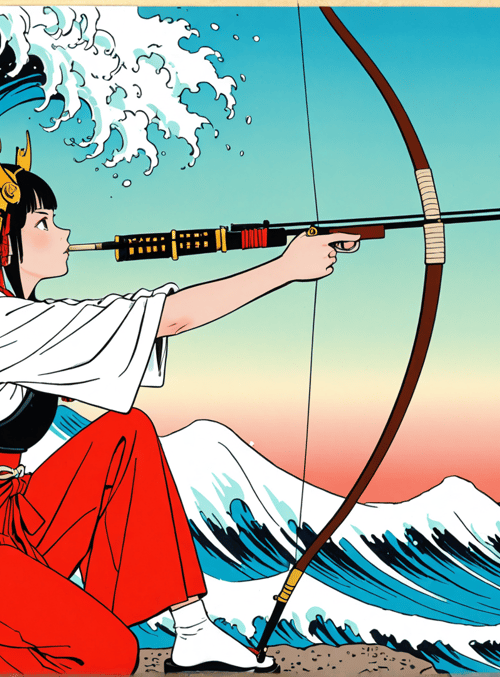 woman, bow, arrow, wave, flower, helmet