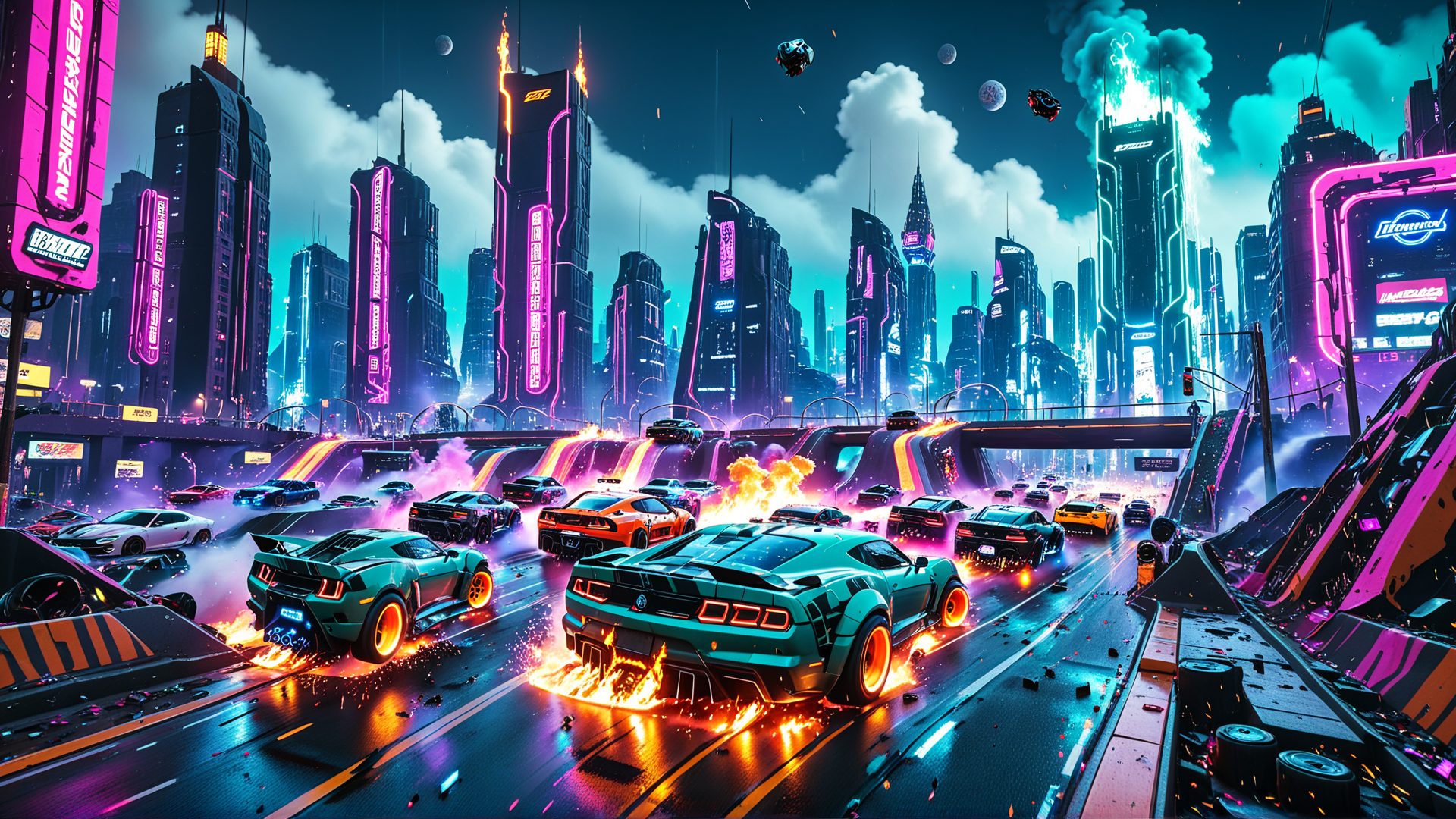 AI generated wallpaper featuring cars, city, neon