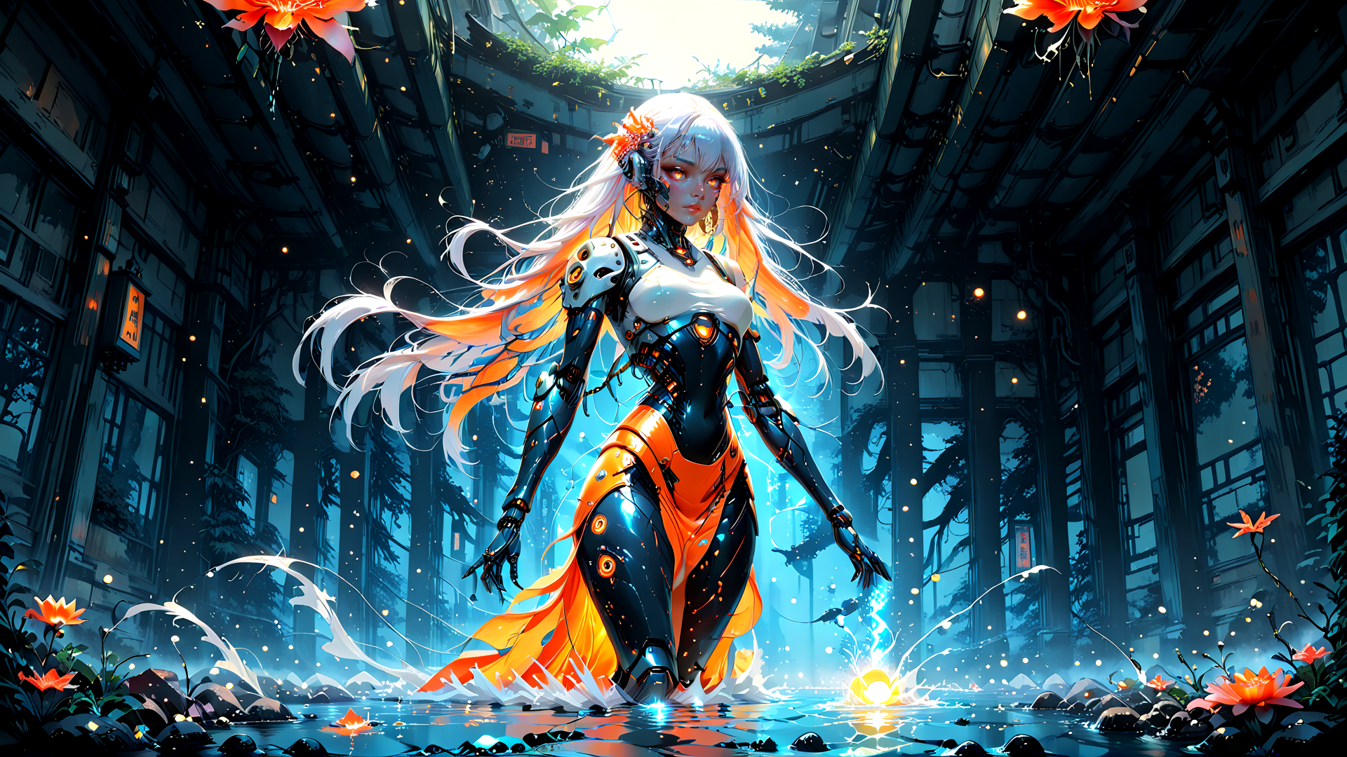 AI generated wallpaper featuring cyborg, robot, girl, goddess, mechanical, flower, water, building, light, tree