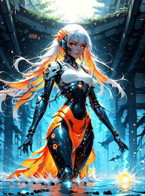 cyborg, robot, girl, goddess, mechanical, flower, water, building, light, tree