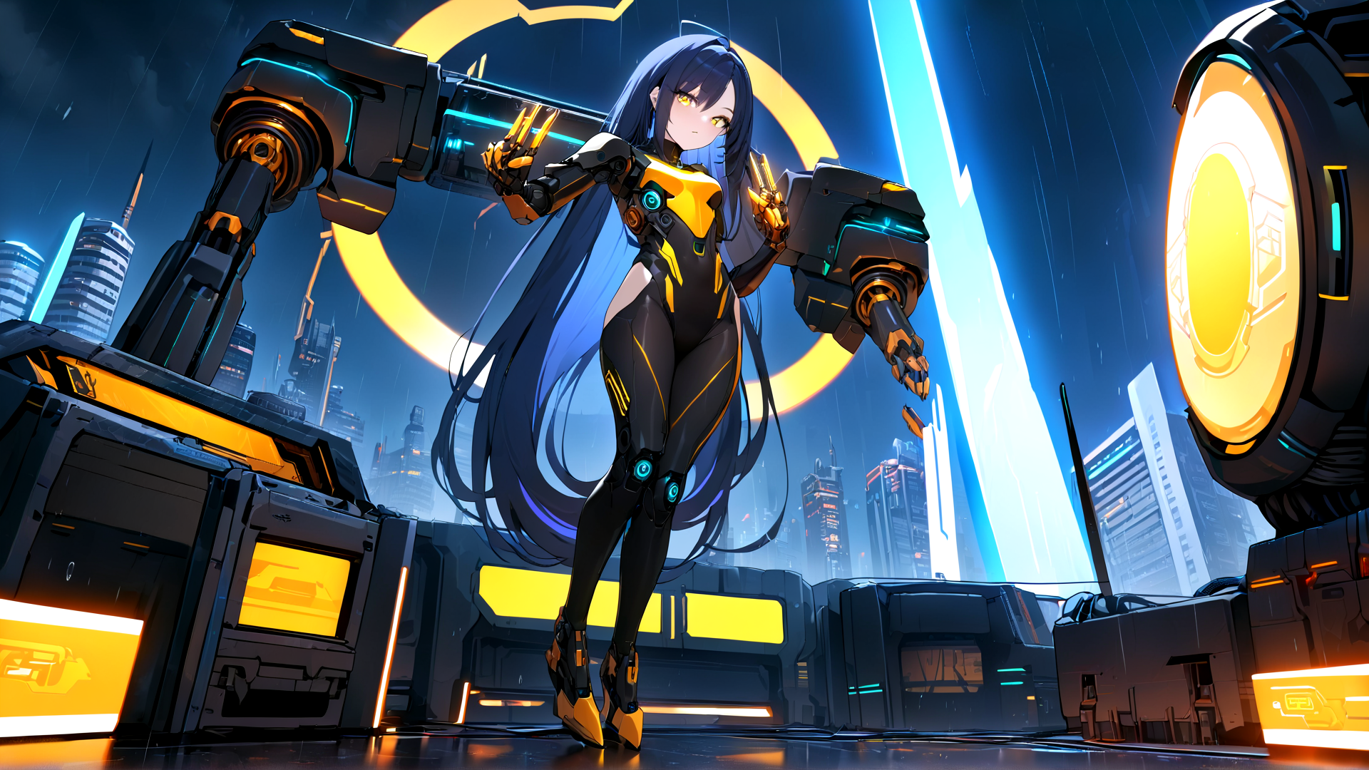 AI generated wallpaper featuring cyborg, anime girl, robot arms, futuristic city, neon lights