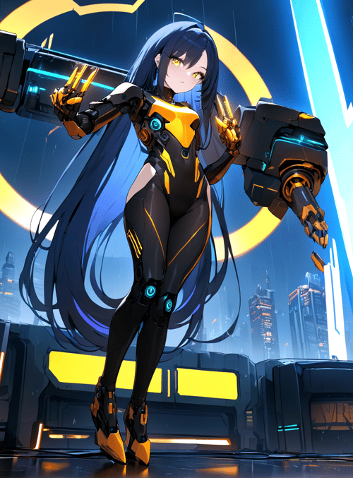 cyborg, anime girl, robot arms, futuristic city, neon lights