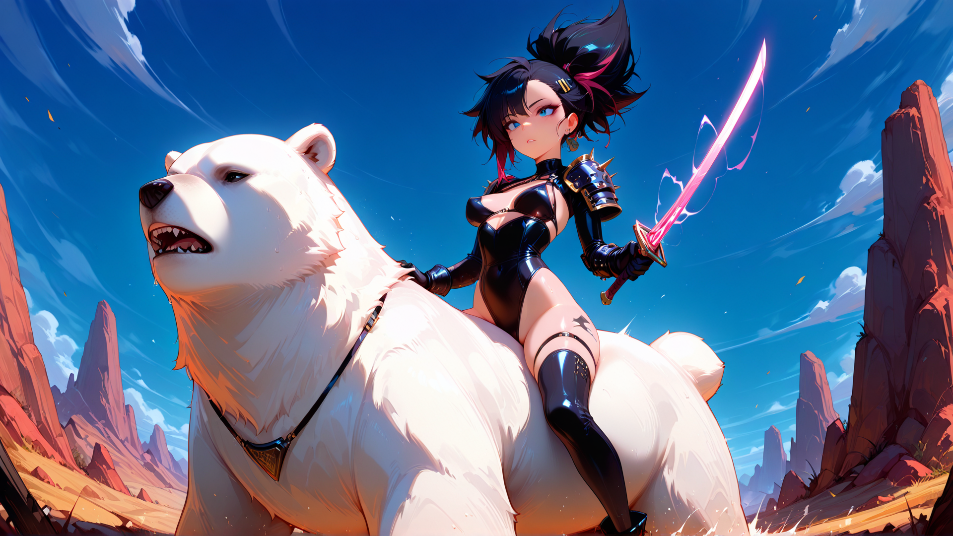 AI generated wallpaper featuring girl, polar bear, sword