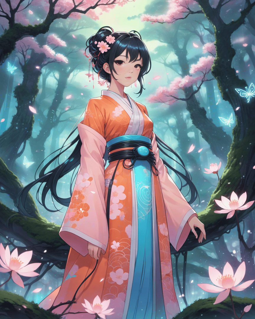 AI generated wallpaper featuring woman, sakura, lotus