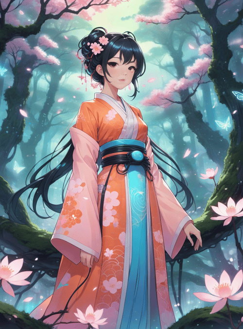 woman, sakura, lotus