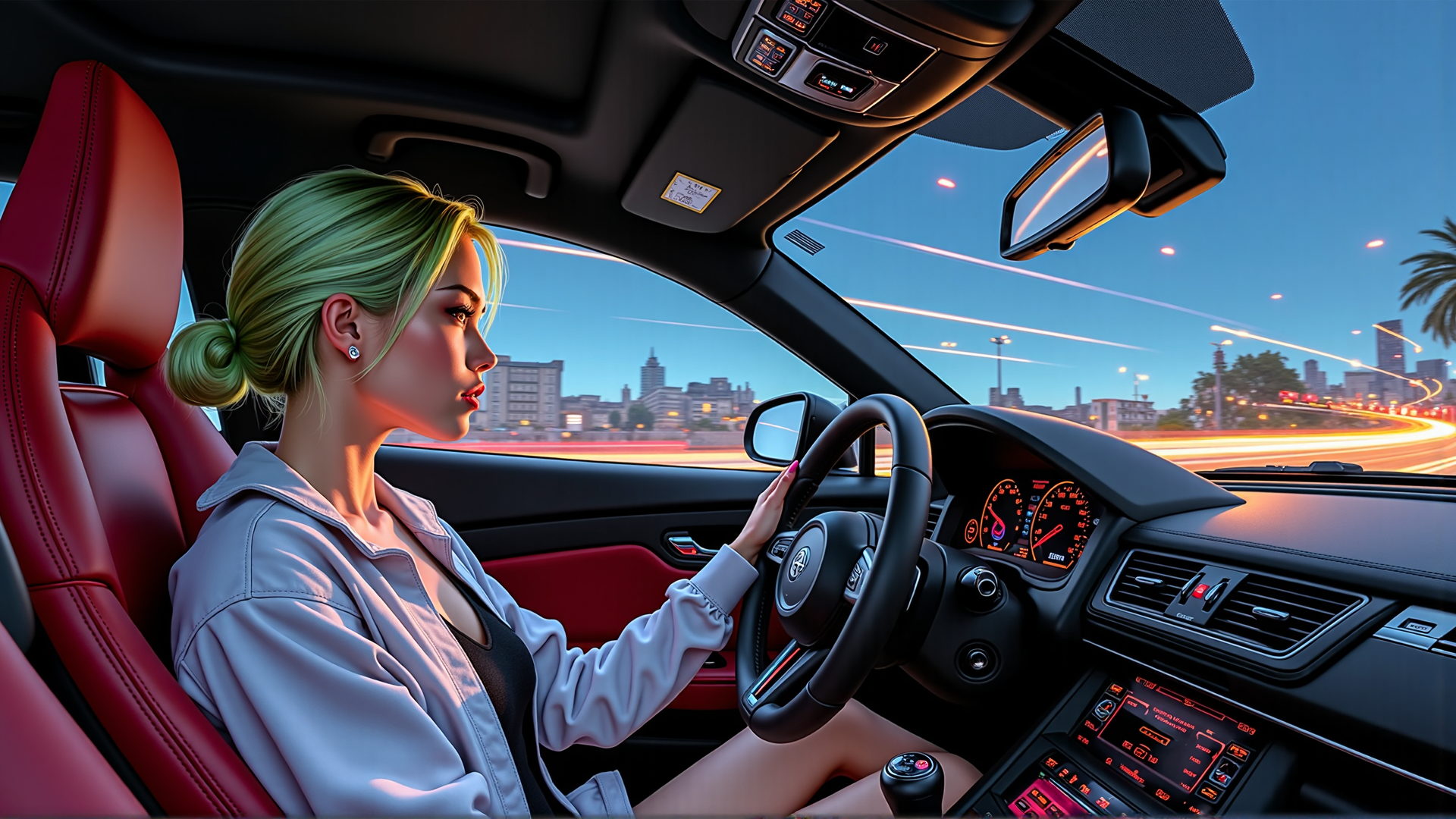AI generated wallpaper featuring woman, car, driver, steering wheel, cityscape, sunset, palm tree, interior, headlight, seat