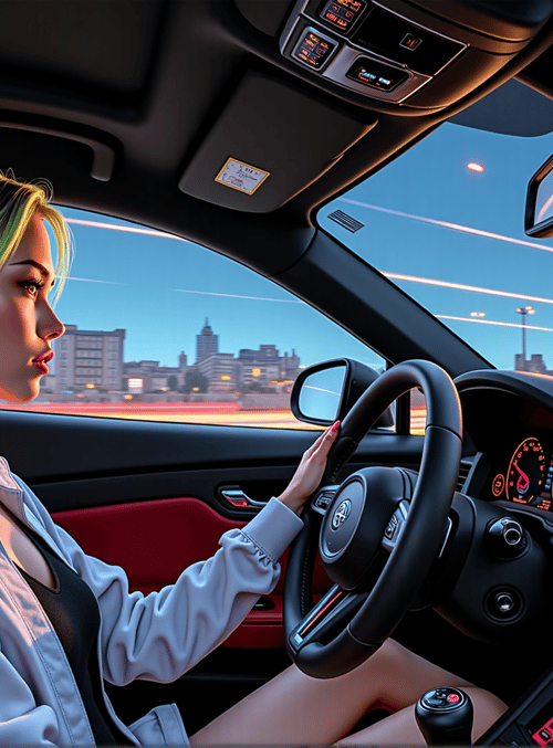 woman, car, driver, steering wheel, cityscape, sunset, palm tree, interior, headlight, seat
